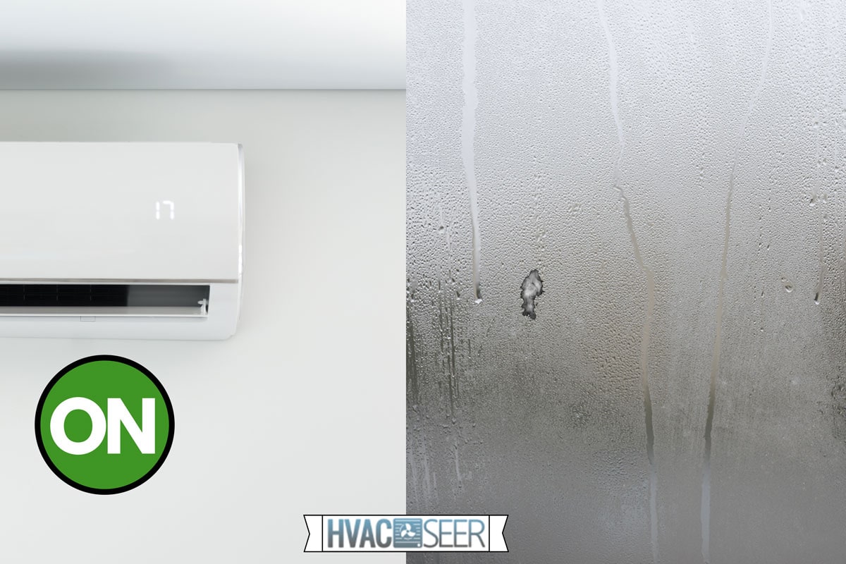 A collage of Window with condensate or steam after heavy rain and an airconditioner, Humidity Goes Up When AC Is On: What To Do?