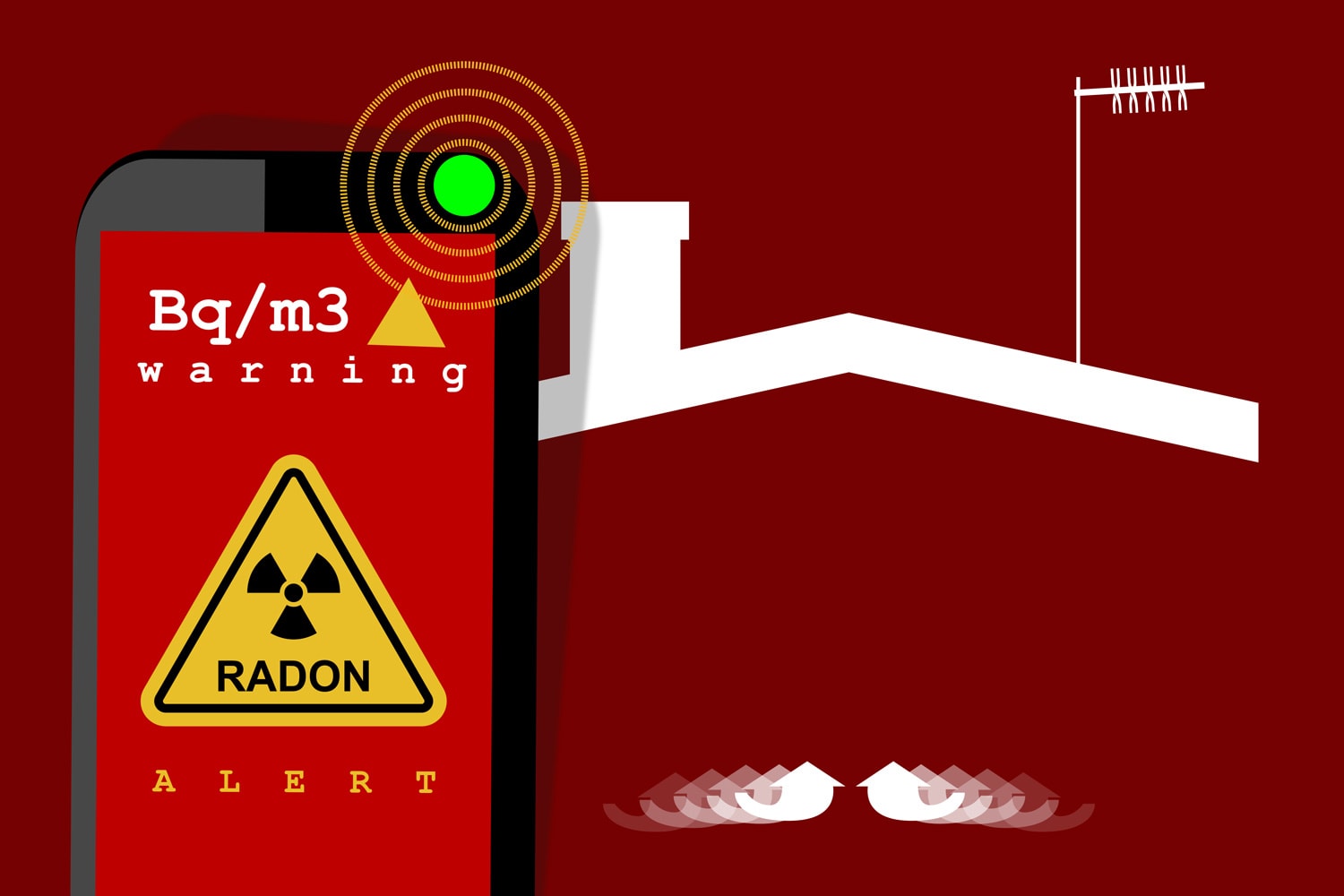 ILLUSTRATION of RADON TESTING. Alert signal, danger. Radioactive, colorless, odorless, tasteless noble gas. Accessories and detectors next to silhouette of a house. Air toxicity monitoring equipment. — Photo