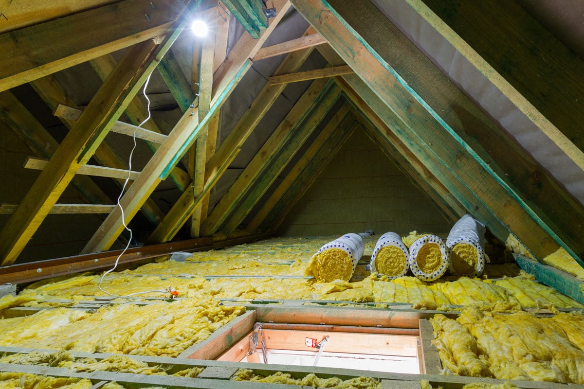Interior of an attic with wool insulation