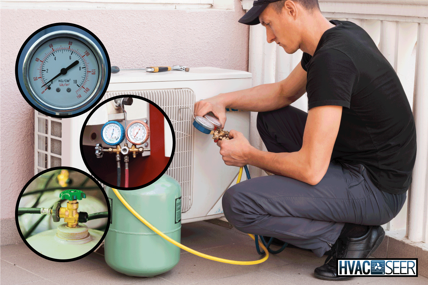master of repair air conditioners at work. tank of freon beside. tank pressure gauge close up. refrigerant gauges with high and low side close up. cylinder tank valve close up How To Recover Freon Without A Machine