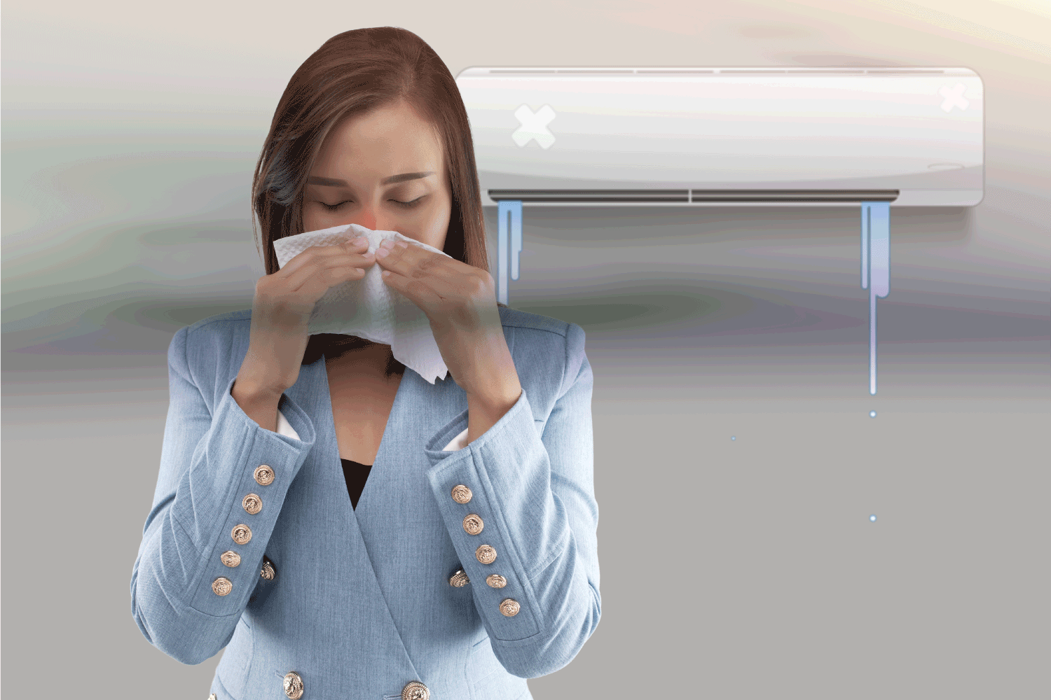 Asian woman are closing her nose because musty smell from the air conditioner.