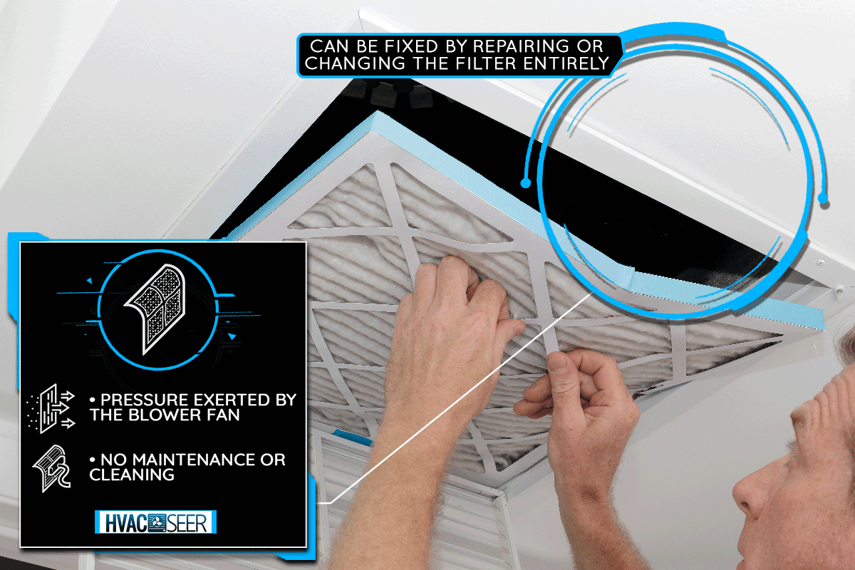 A person removing an old dirty air filter from a ceiling intake vent, Air Filter Keeps Bending - Why And What To Do?
