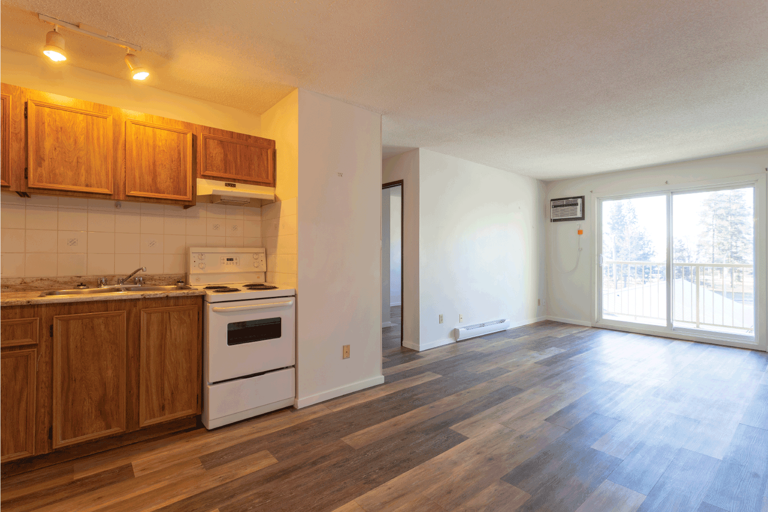 An empty vacant rental apartment property with new hardwood laminate floors and white paint on the walls with baseboard heater