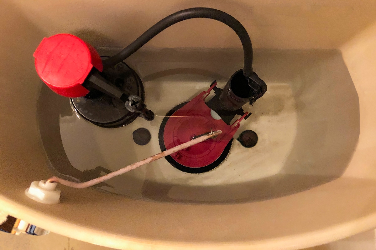 An overhead view of the plumbing inside a toilet bowl flush tank