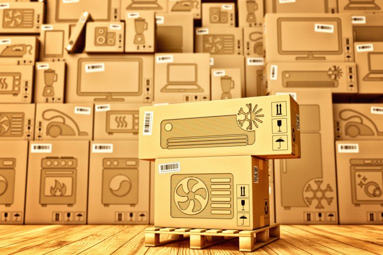 Box with an air conditioner icon on the background of a cardboard boxes with household appliances and electronics in the wareh, Can You Stack Air Conditioners For Storage?