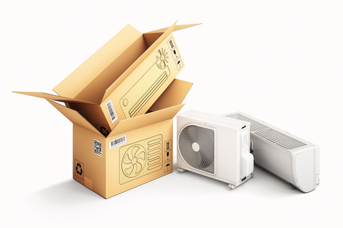 Cardboard box packages and air conditioner units, isolated on white