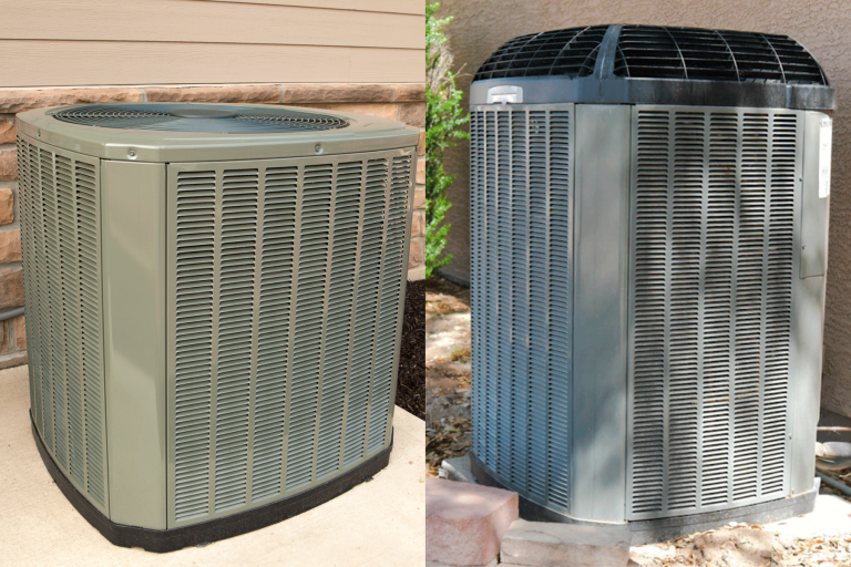 Collaged photo of two air conditioning units, Concrete Vs Plastic AC Pad: What Works Best?