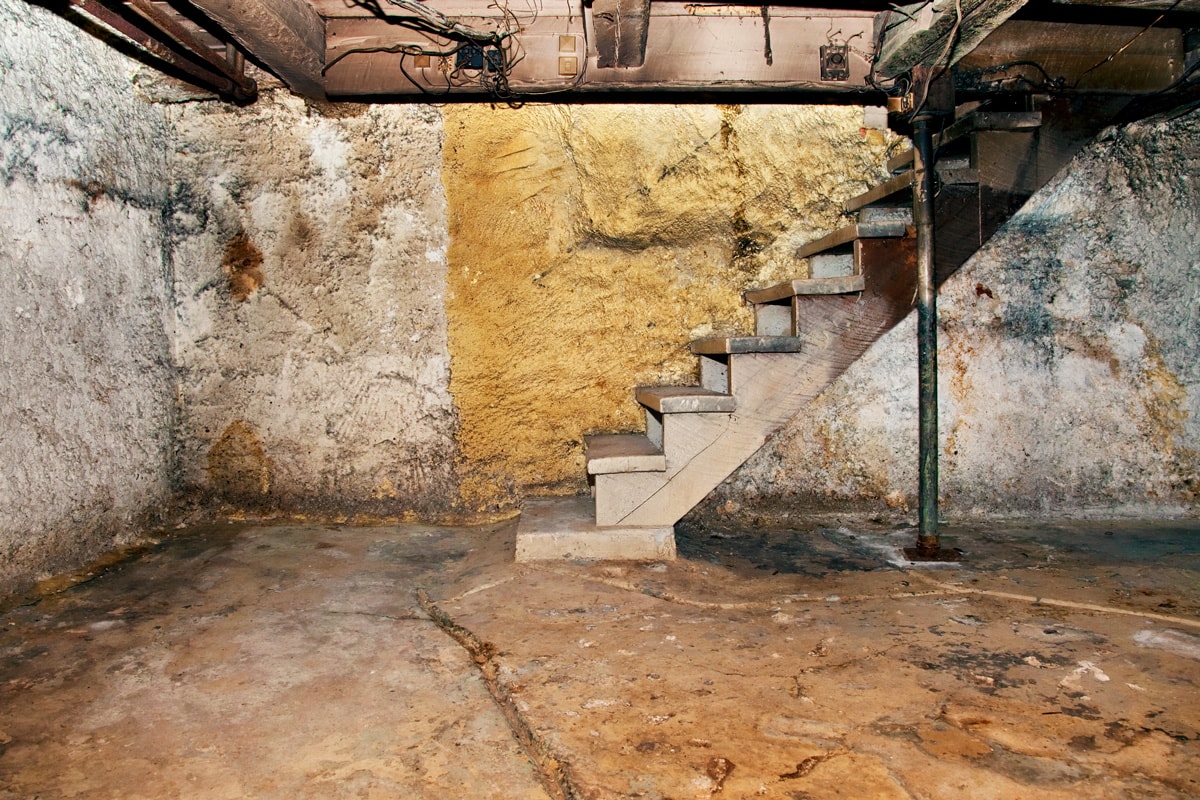 Decrepit basement featuring a soot-covered stairway.