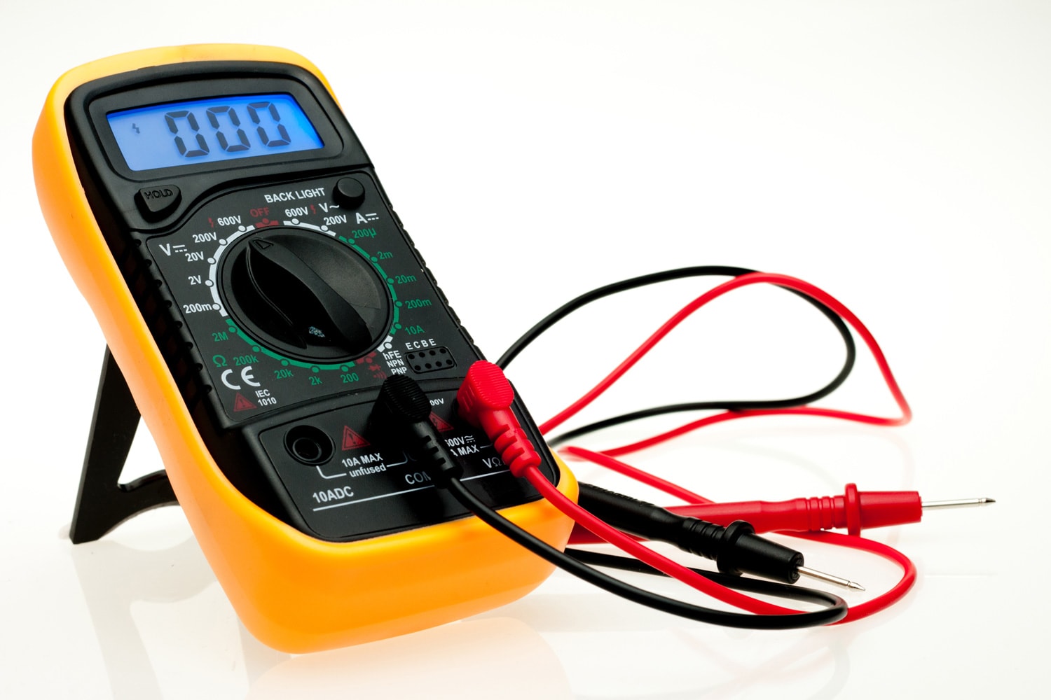Digital multimeter with probes and blue backlit display on a white background