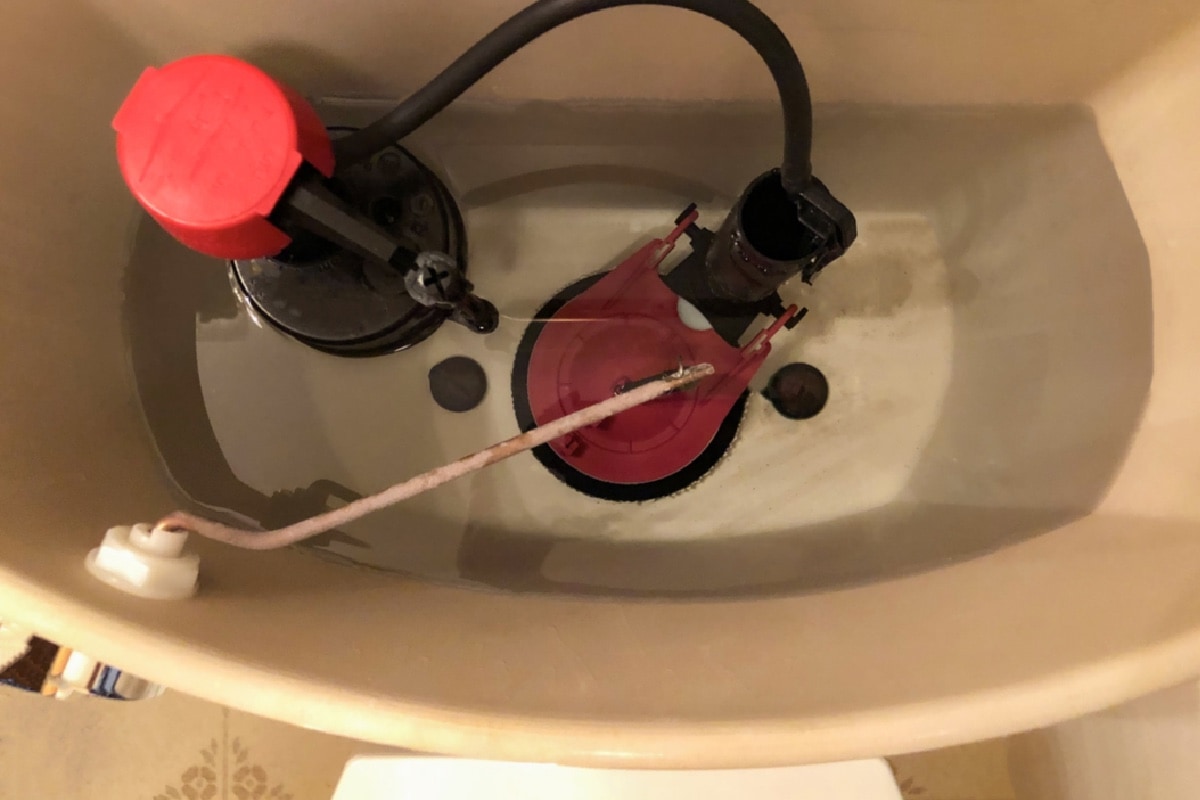 Fill Valve - An overhead view of the plumbing inside a toilet bowl flush tank