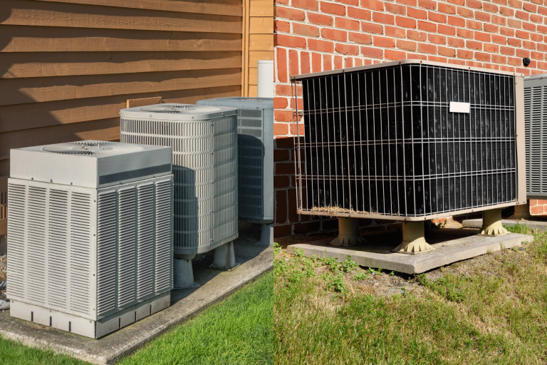 A collaged photo two different brands of air conditioning units mounted on concrete pads, Heil Vs Trane Air Conditioner: Which To Choose?