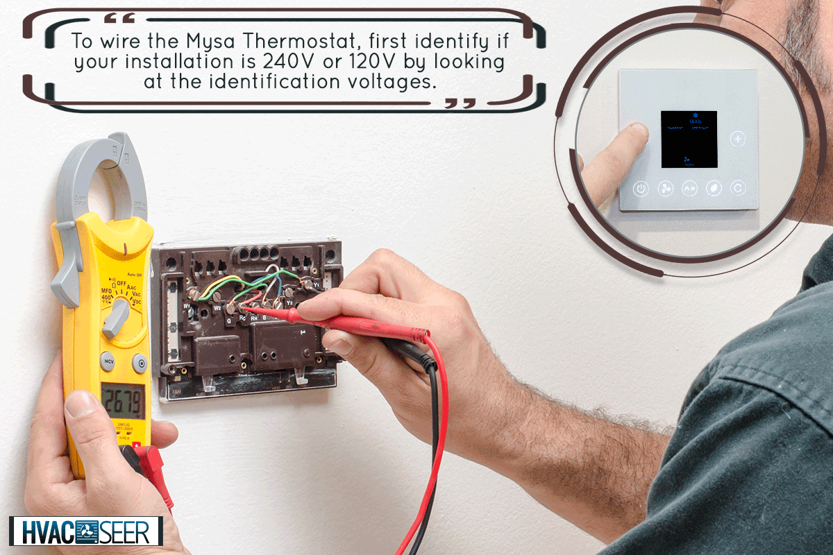 HVAC technician testing voltage on a thermostat, How To Wire Mysa Thermostat