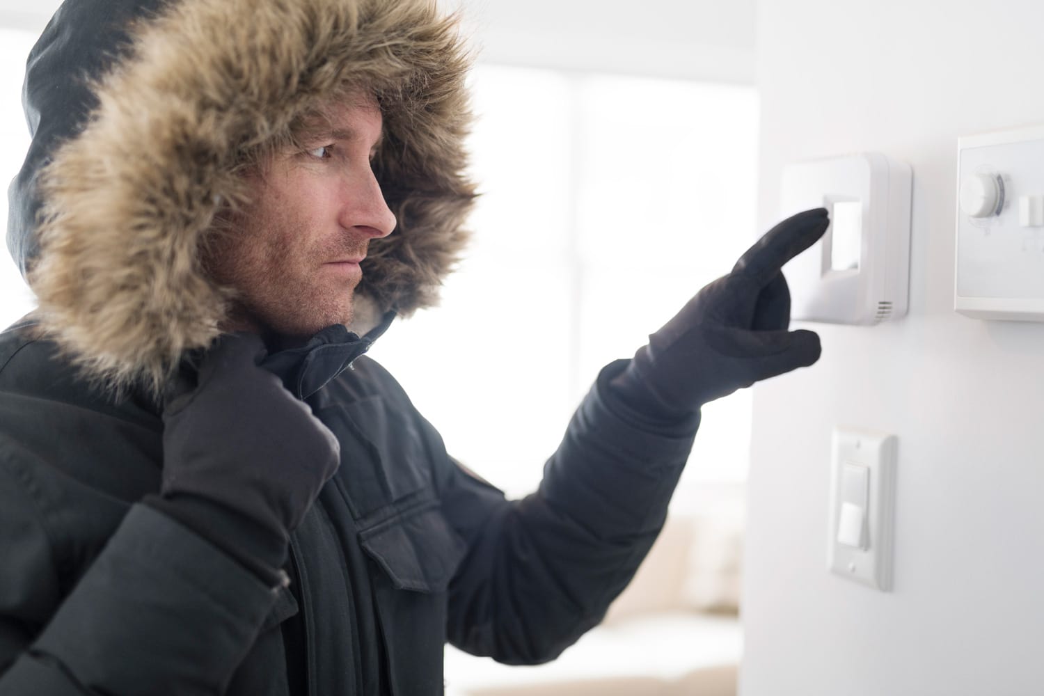 Man With Warm Clothing Feeling The Cold Inside House — Photo