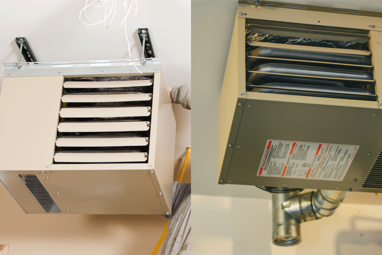 A collaged photo of a garage heater, Mr Heater Vs Reznor: Which Heater To Choose?