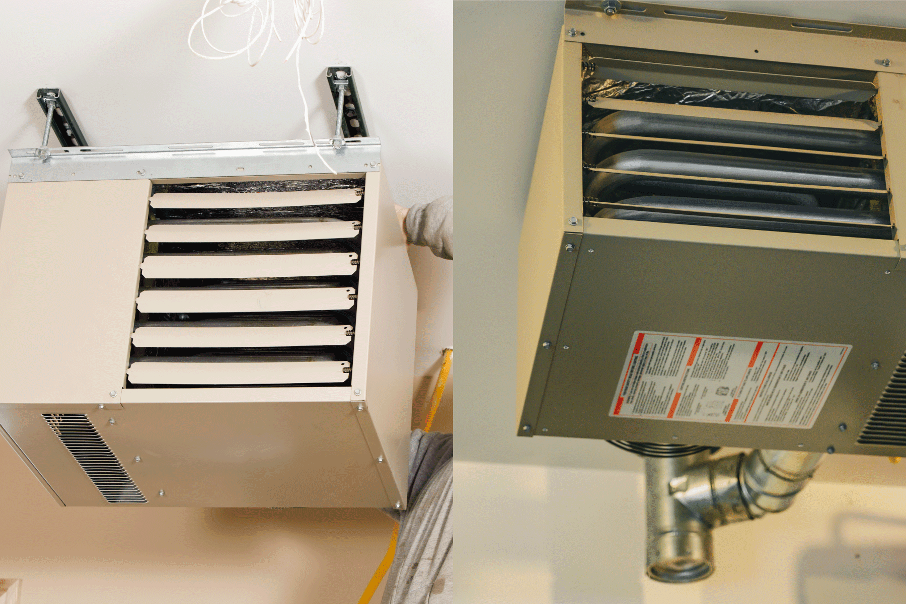 A collaged photo of a garage heater