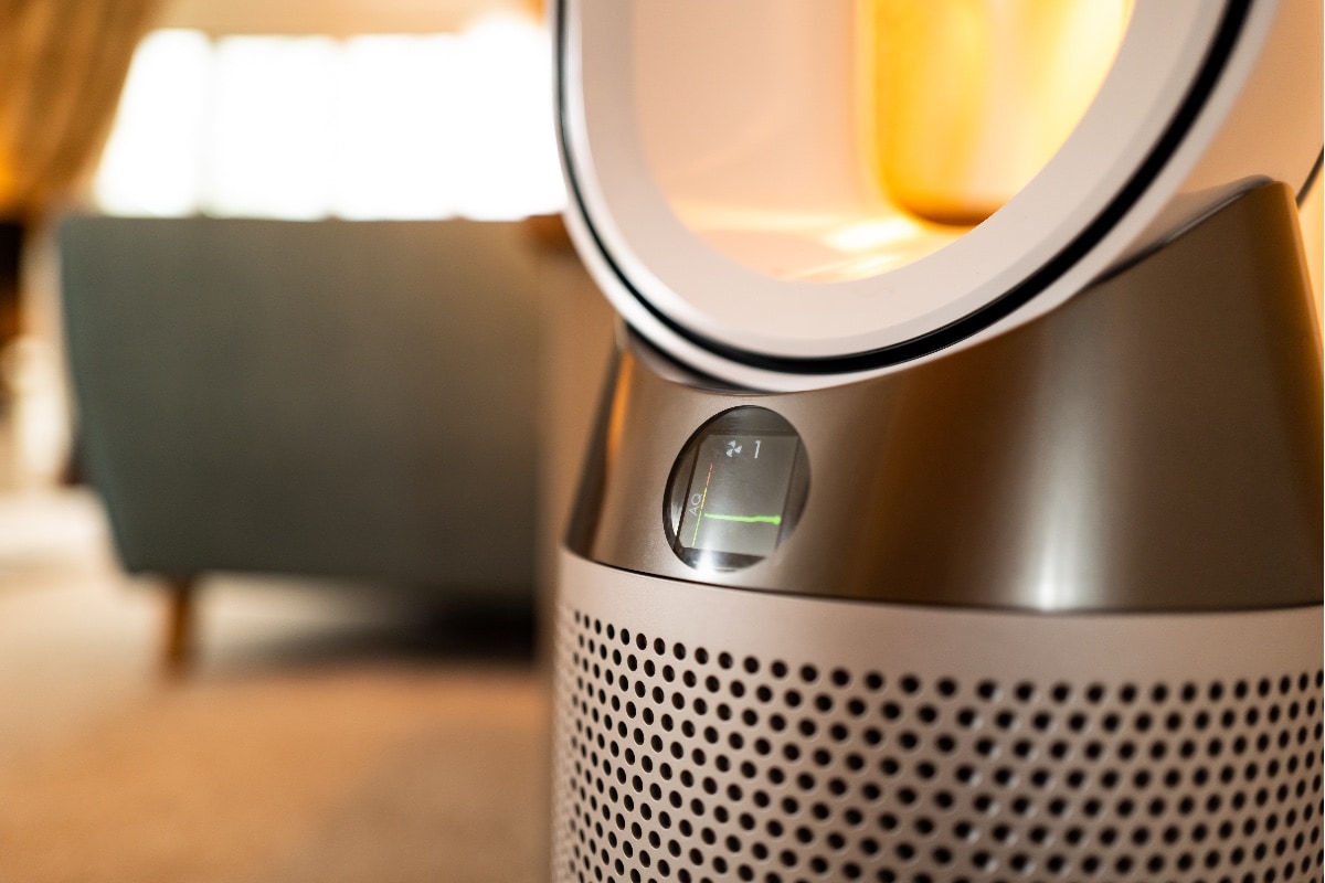 Other Noises In A Dyson Pure Cool - London, UK - Circa January 2022 Shallow focus of the OLED display of an air purifier showing the Air Quality Level