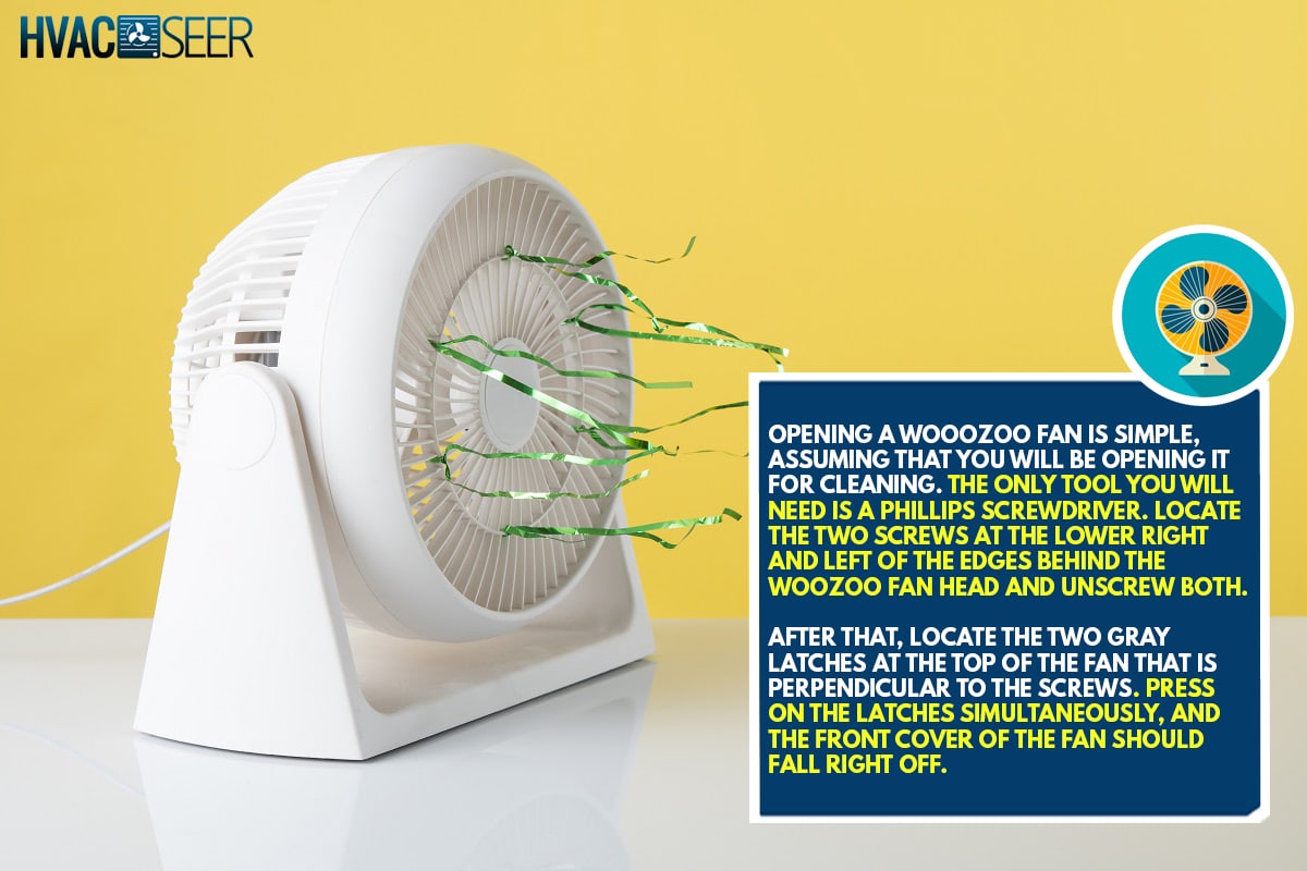 Plastic white electric fan in working mode with Text Space on yellow background, How To Open A Woozoo Fan?