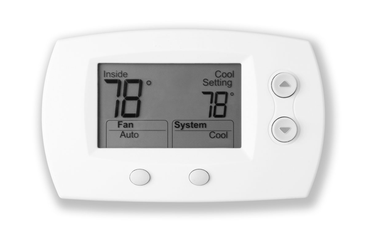White digital thermostat with lit display reads 78 degrees