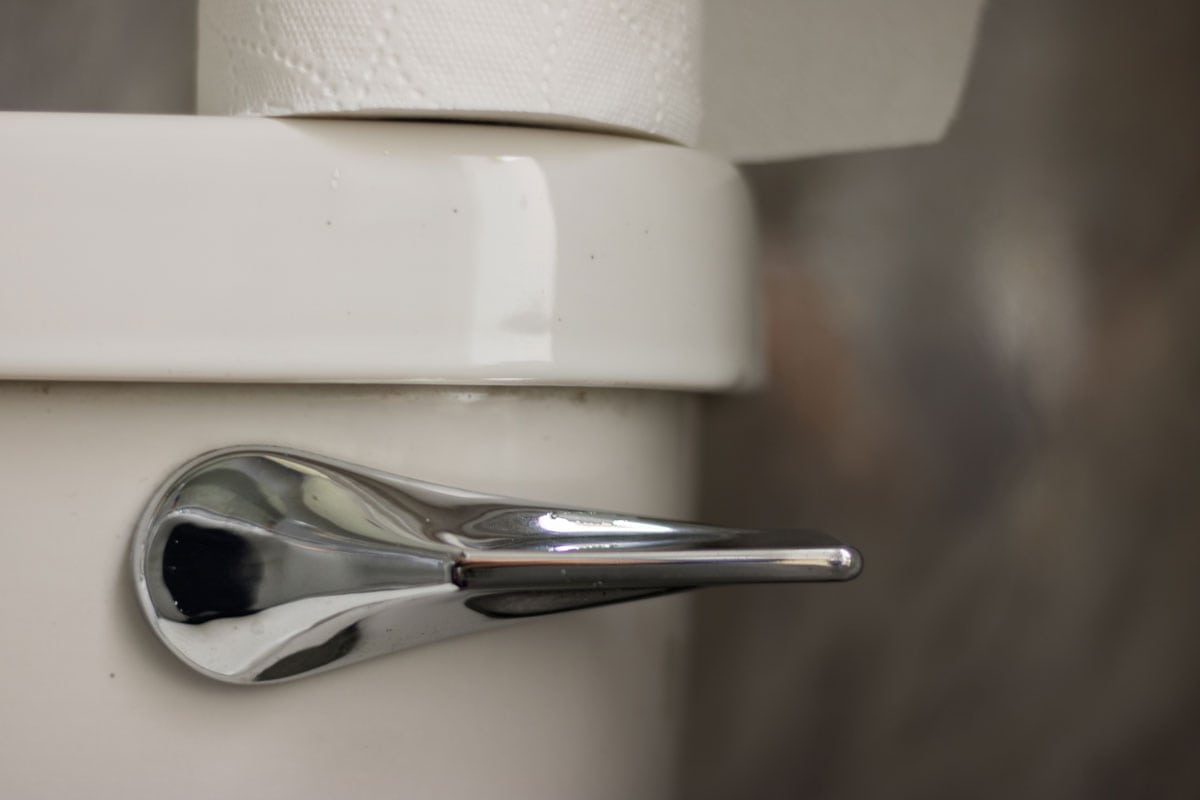 close up photo of a glossy chrome silver colored toilet handle and a white ceramic toilet