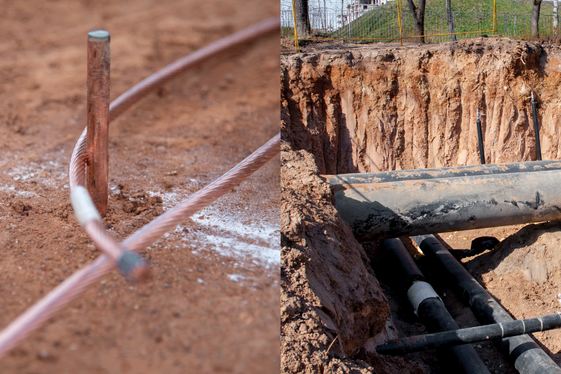 collab photo of a ground rod on ground and a water pipe on the ground