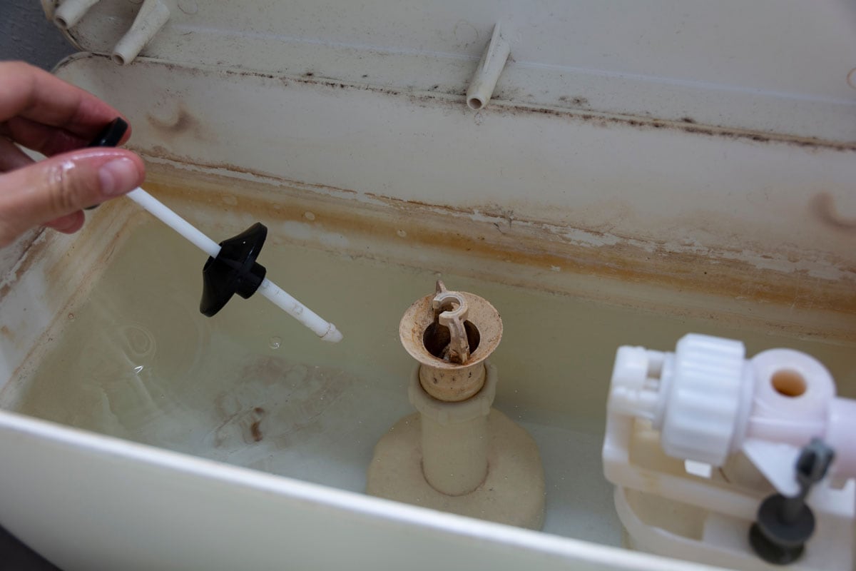 photo of a man hand holding toilet parts cleaning a dirty toilet fill valve