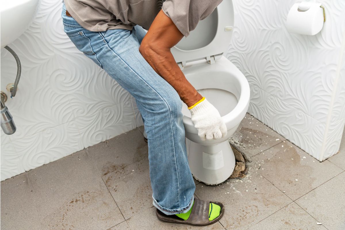 workerman performs repair of toilet bowl, To repair the pipe from the toilet
