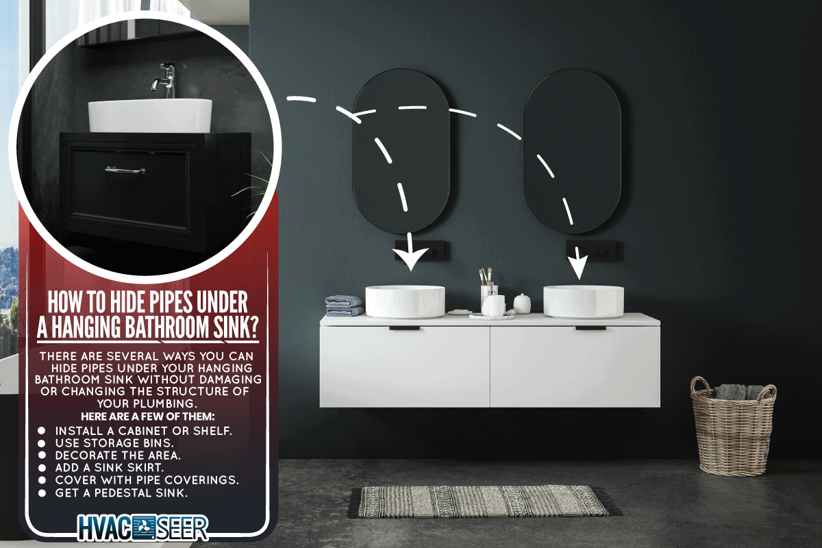 Modern minimalist bathroom interior, modern bathroom cabinet, white sink, How To Hide Pipes Under A Hanging Bathroom Sink?