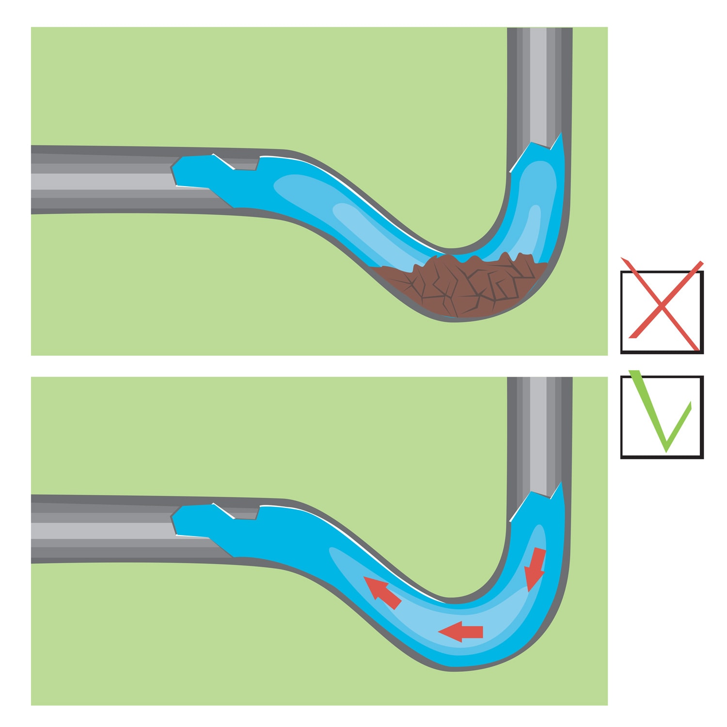 A clogged in the pipe and sewage problems. Blockade of sectional pipes and stagnation of water in plumbing. A vector stock illustration and concept infographics of pipe cleaning for plumbing concept