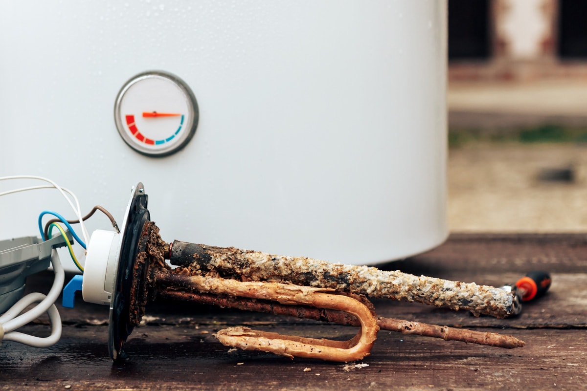 A water heater heating element accumulating heavy rust and scale