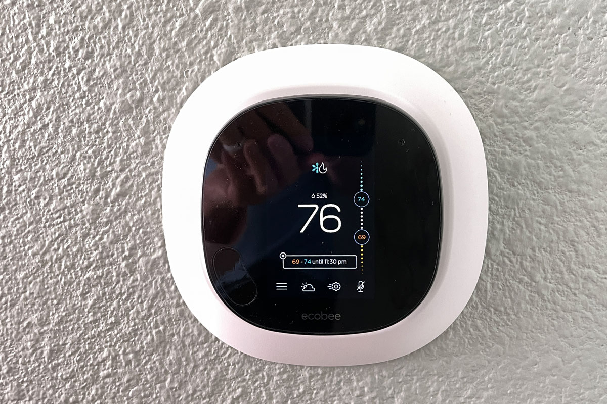 An Ecobee thermostat set on 76 farenheight