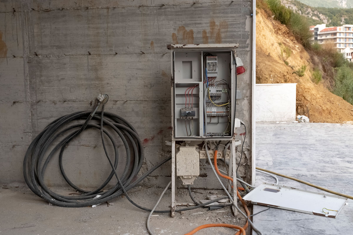 An electrical distributor attached to the concrete base of an unfinished building next to large electrical cables.