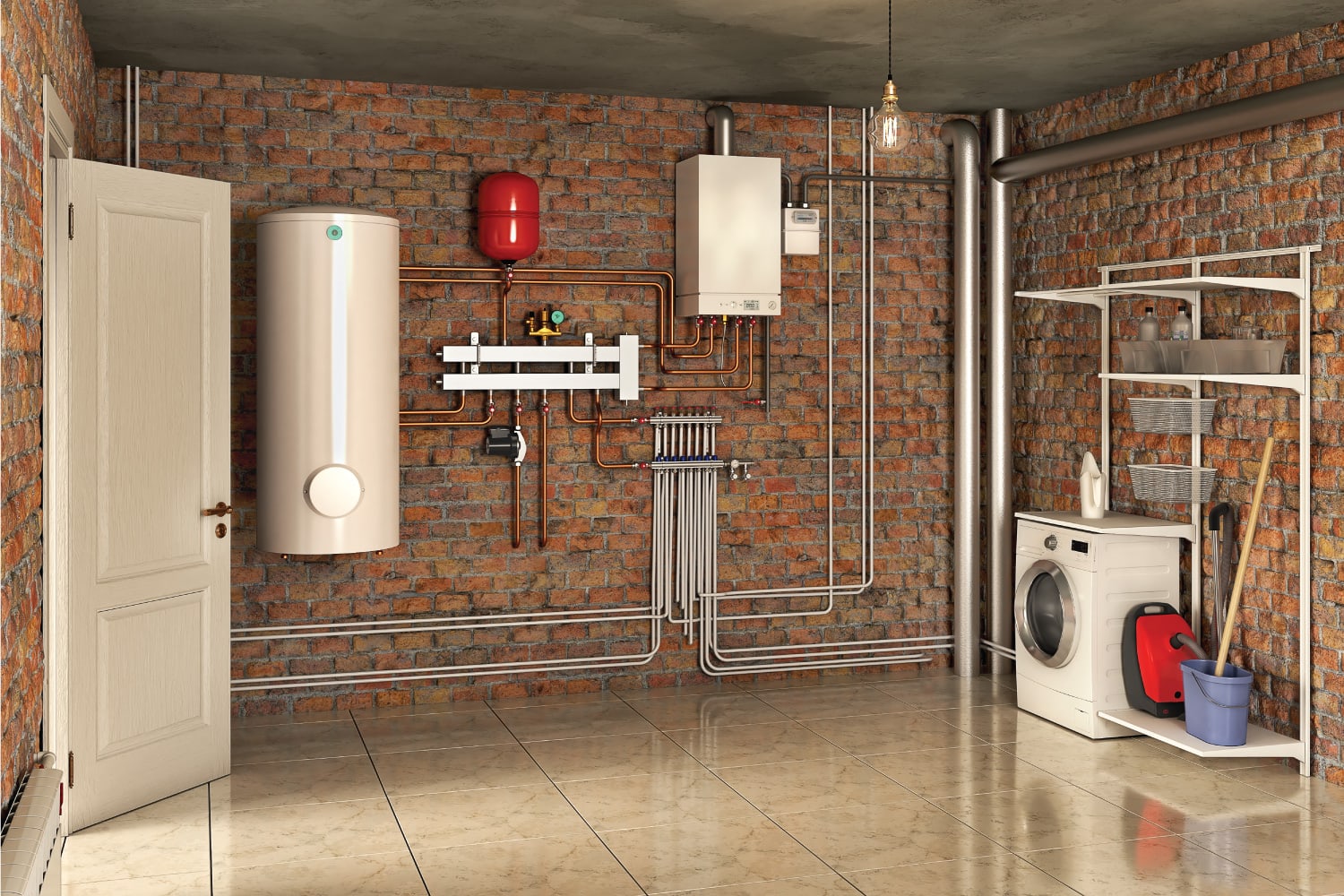 Boiler system and laundry in a basement interior