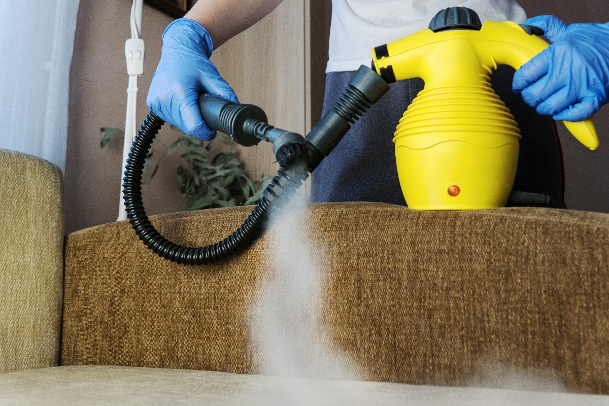 Cleaning sofa with steam generato