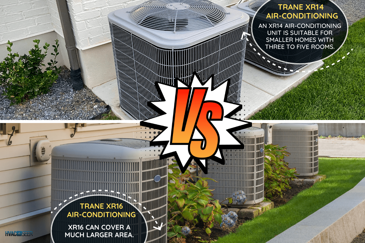 Double AC units outside white brick home with green landscape and gravel. - Trane XR14 Vs XR16 - Which Should You Choose?