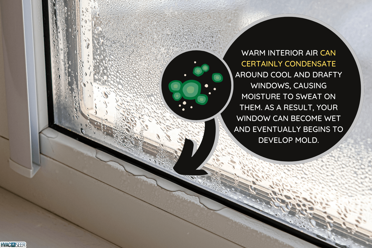 Drops of condensate and black mold on a substandard metal-plastic window. Plastic. Ecology - Does Condensation On Windows Cause Mold