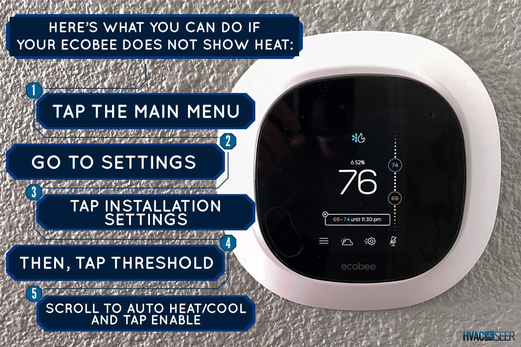 An Ecobee thermostat mounted on a wall, Ecobee Does Not Show Heat - Why And What To Do?
