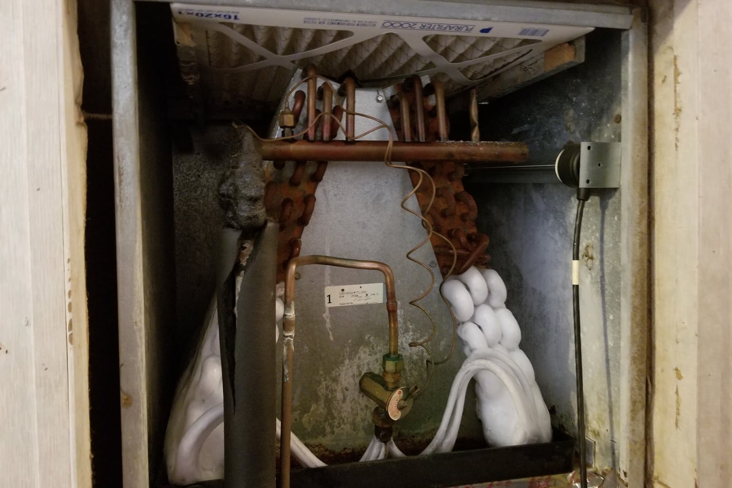  Frozen and rusted Evaporator coil found during Inspection.