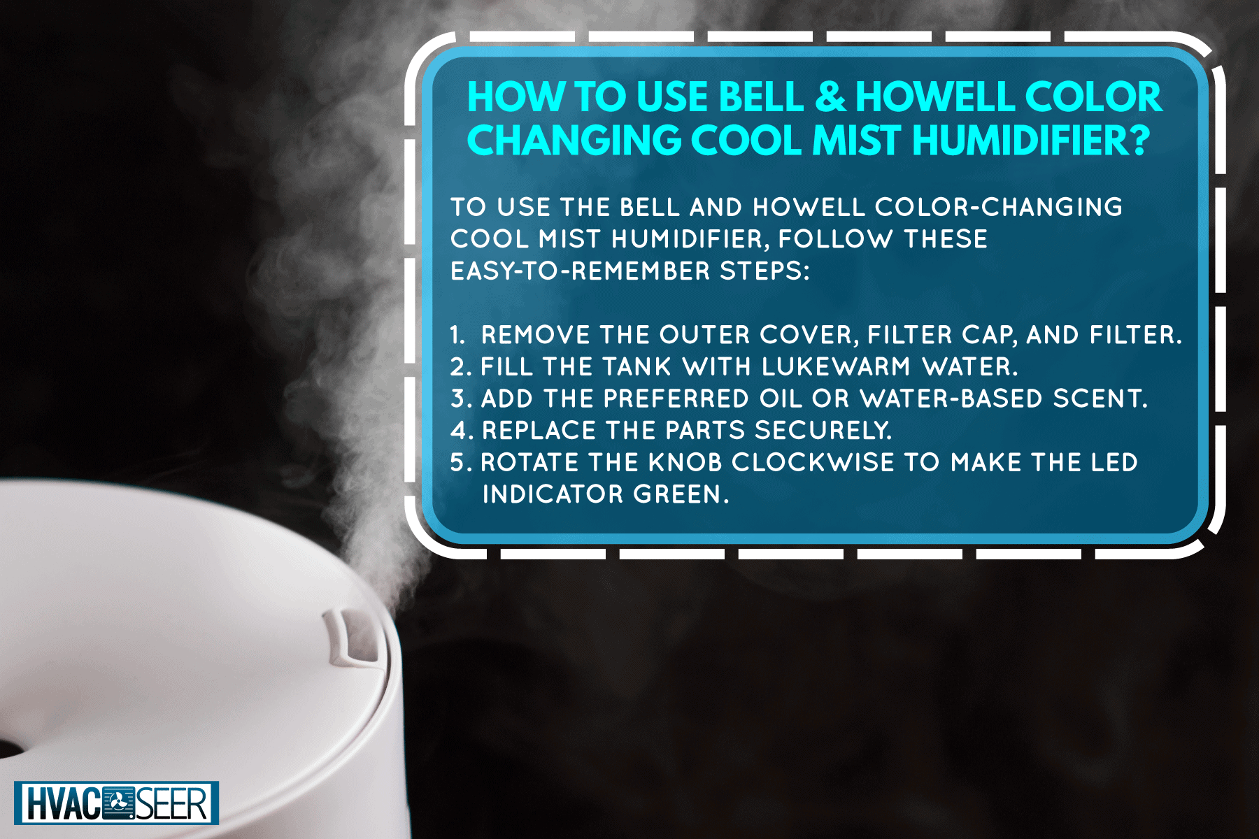 close up photo of a top view air humidifier vapor blowing black background, How To Use Bell & Howell Color Changing Cool Mist Humidifier