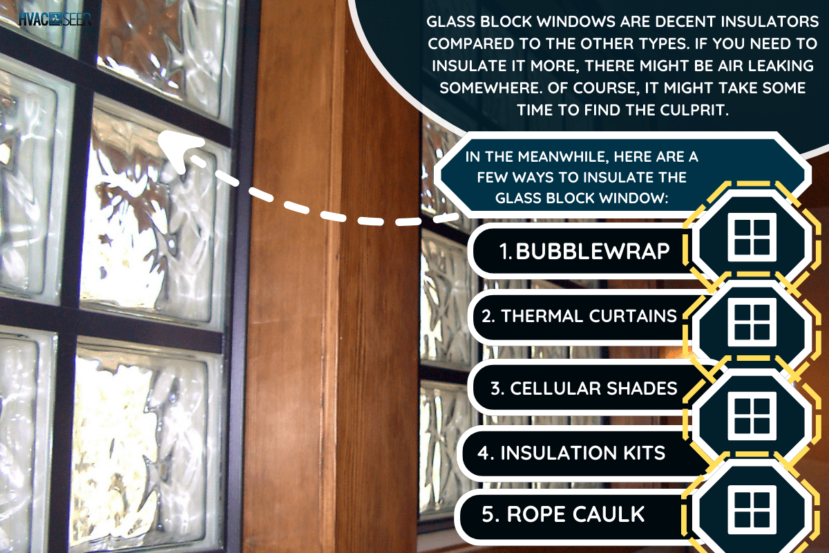Interior view of glass block windows with nice stained wood trim and lights in the background. - How To Insulate Glass Block Windows [Quickly & Easily]
