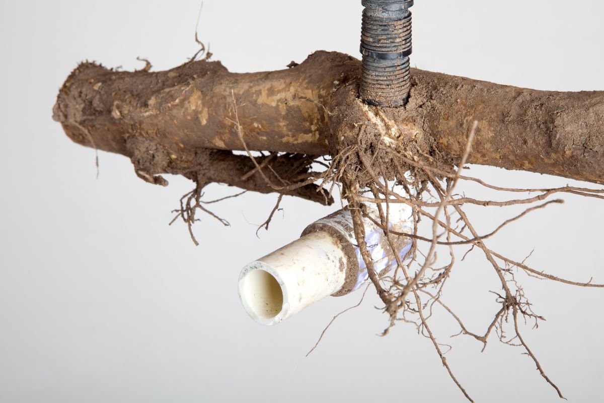 Invasive roots of plant have encased themselves around PVC irrigation pipe and causing damage.