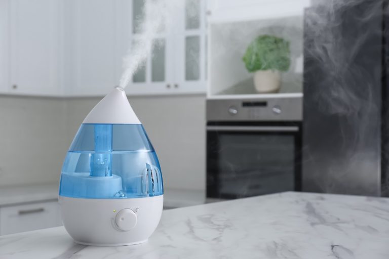 Modern air humidifier on marble table in kitchen. Space for text, Impeller Humidifier Vs Ultrasonic - Which To Choose?