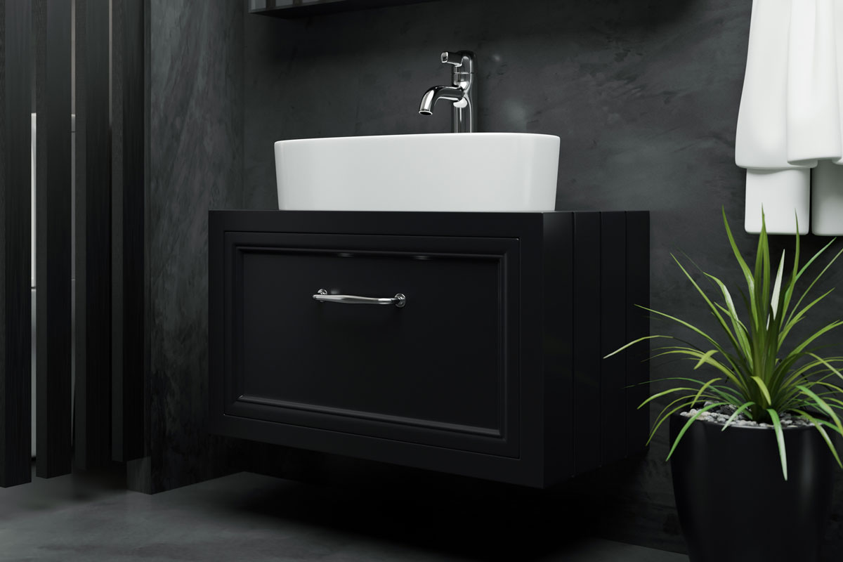 Modern loft dark grey bathroom interior style with toilet bowl, black cabinet and white sink, mirror, black tile walls an