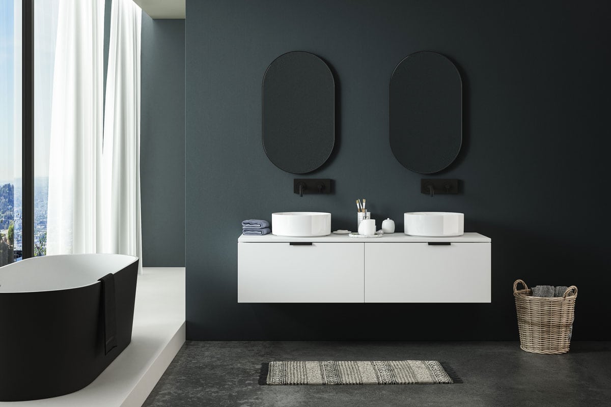 Modern minimalist bathroom interior, modern bathroom cabinet, white sink