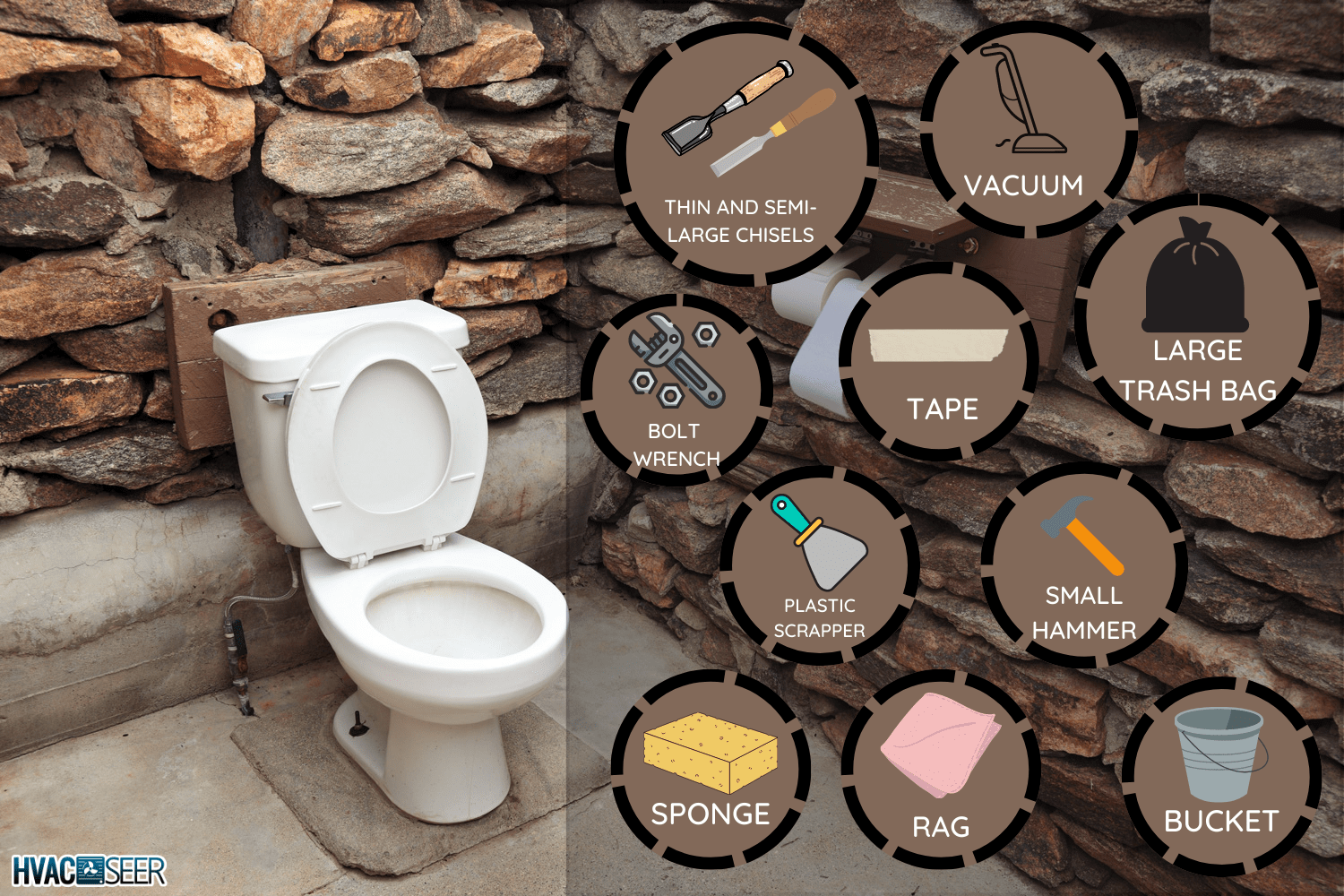 Open air toilet in room with stacked rock walls and cement floor. Toilet paper rolls on the right - Toilet Cemented To Floor - How To Remove