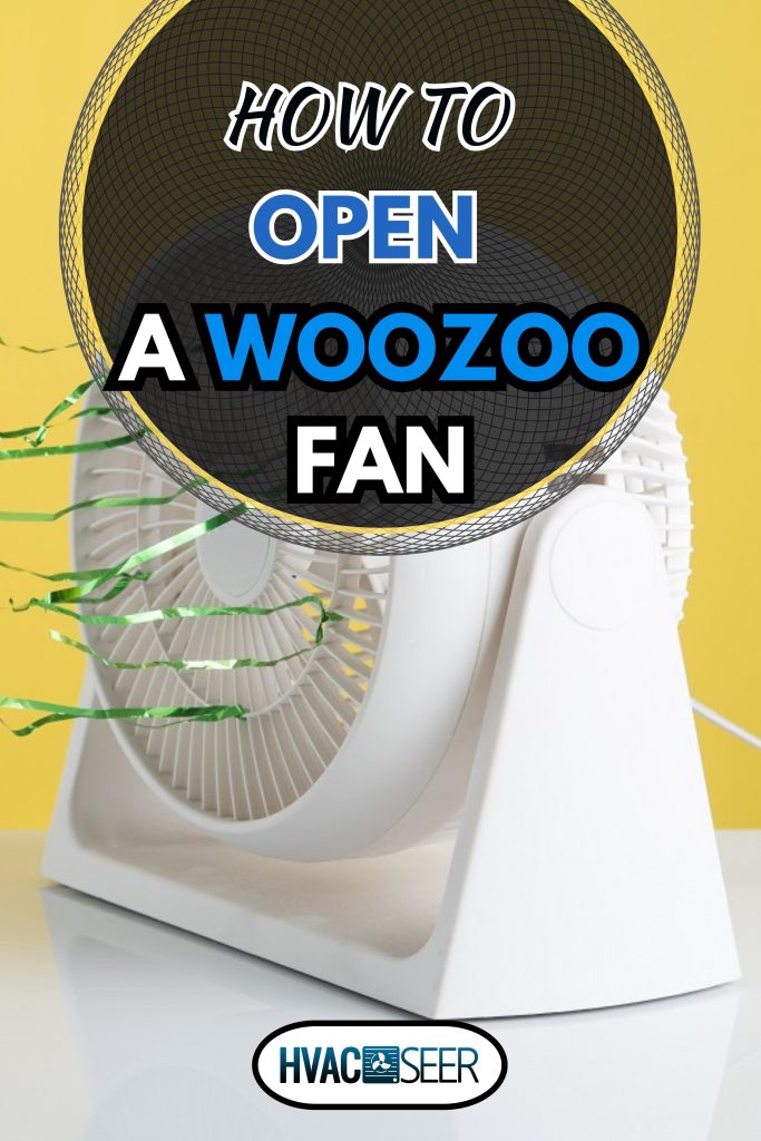 Plastic white electric fan in working mode with Text Space on yellow background, How To Open A Woozoo Fan