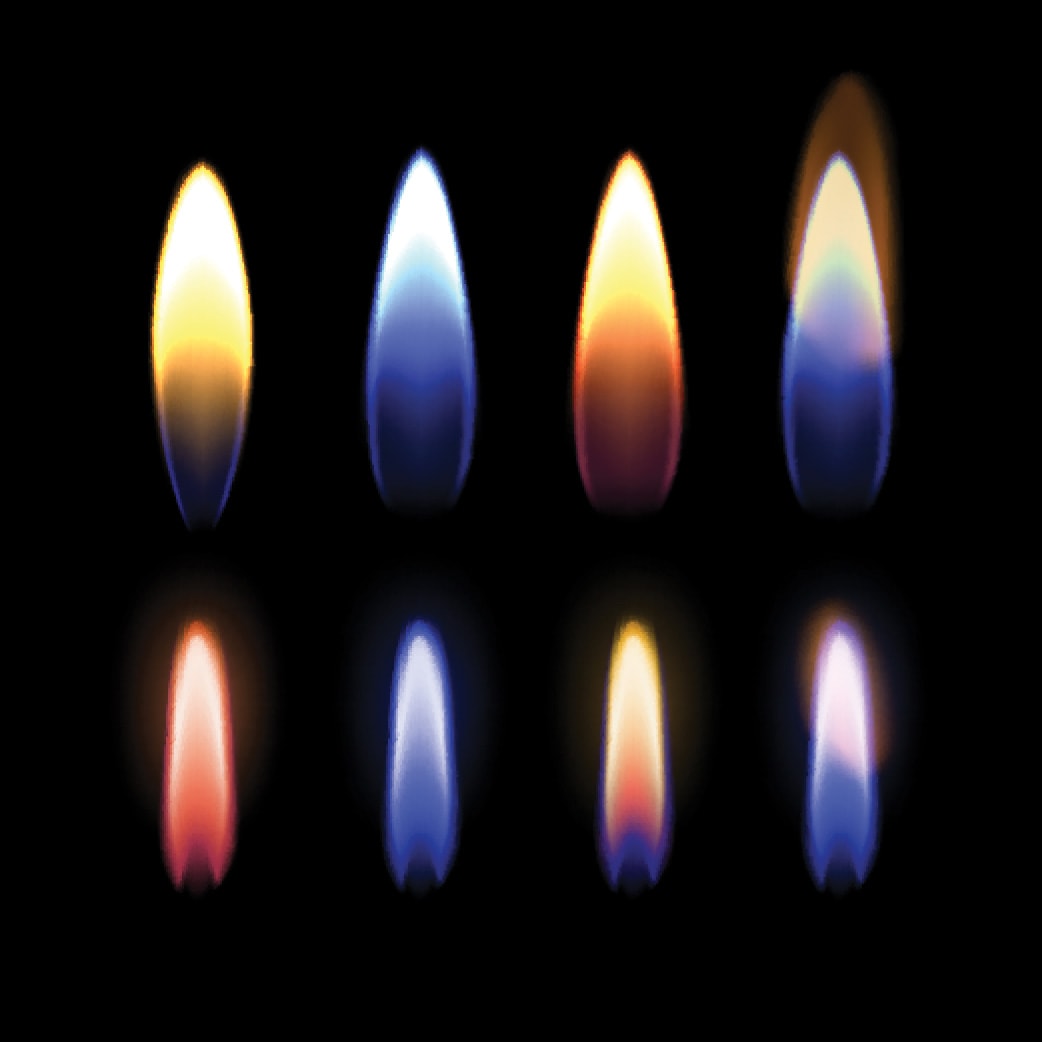 Vector realistic set of close up burning multicolored flame of gas, zinc, potassium, strontium, sodium, and copper, details of fire isolated on black background