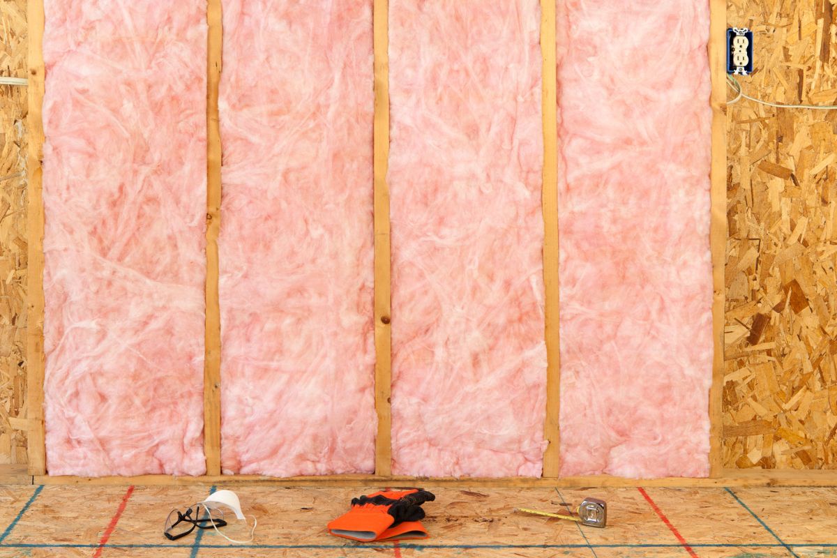 Wall with pink fiberglass insulation being installed.Please also see my lightbox: