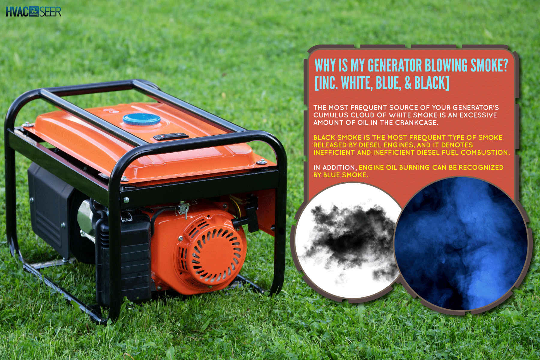 Portable electric generator on the green grass outdoor, Why Is My Generator Blowing Smoke? [Inc. White, Blue, & Black]