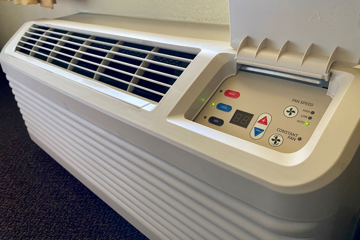 close up photo of a amana aircon on the room