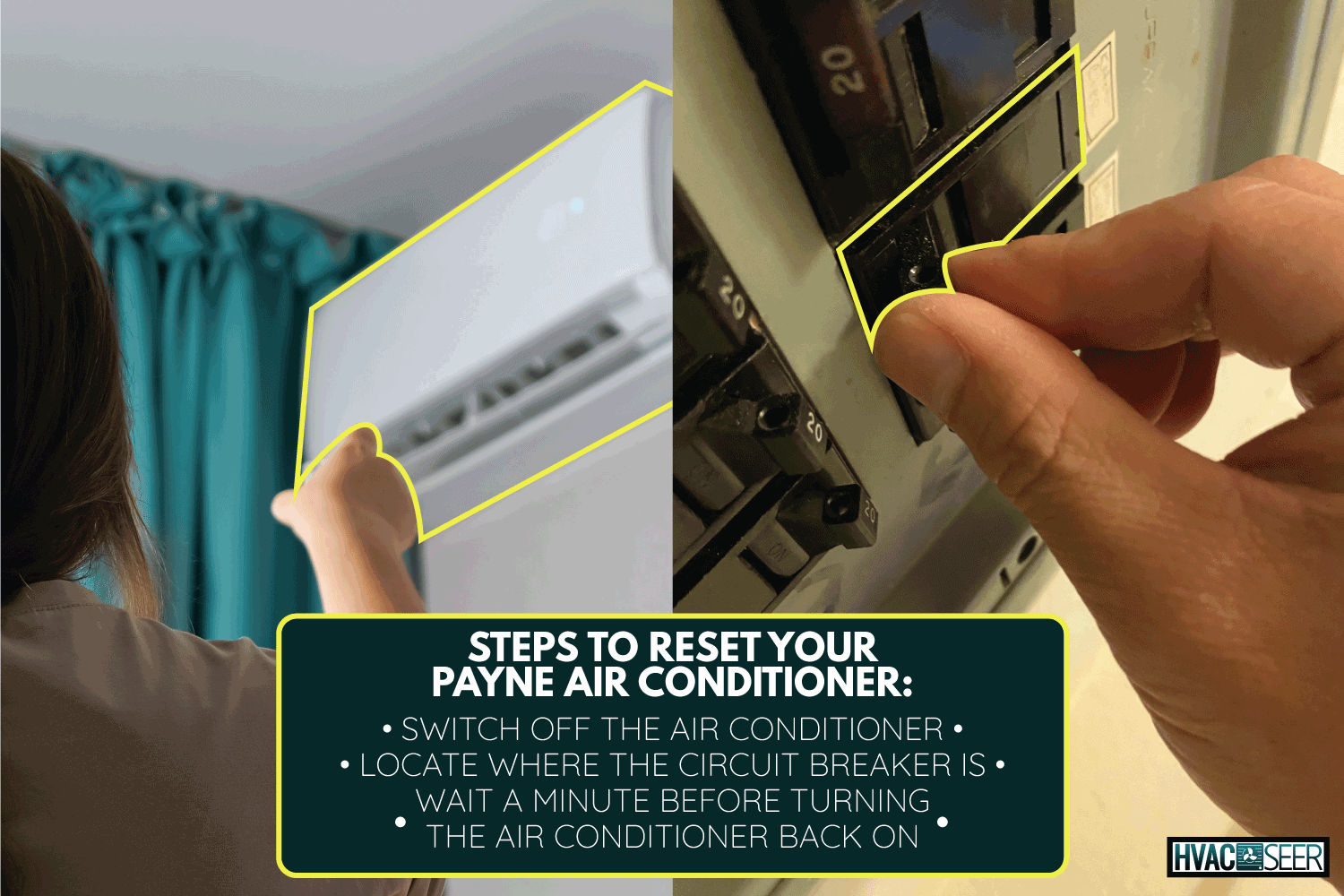 woman turning off AC using remote. hand resetting circuit breaker. How Do I Reset My Payne Air Conditioner